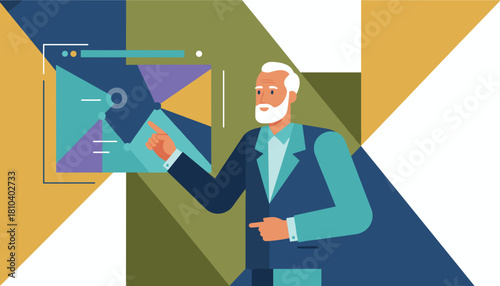 Experienced consultant analyzing abstract data and strategy visualization