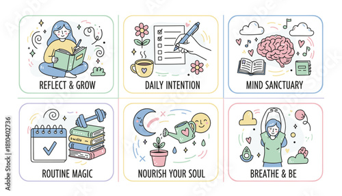 Cute collection of selfcare and personal growth doodle illustrations for mental wellbeing