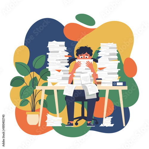 Stressed employee overwhelmed by huge stacks of office paperwork illustrating workload and burnout