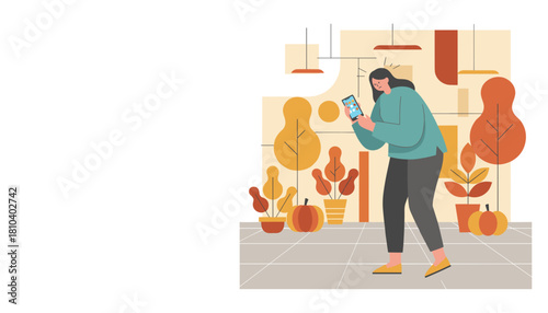 Concerned woman looks at her phone receiving a notification surrounded by autumn plants