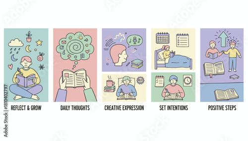 Journaling habits for mental health selfcare reflection and personal growth Illustrated concepts