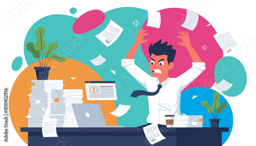 Overwhelmed businessman stressed by paperwork chaos deadline pressure and office burnout concept