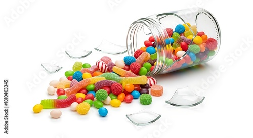 Colorful Candy Spill From Broken Jar Creating a Sweet Mess