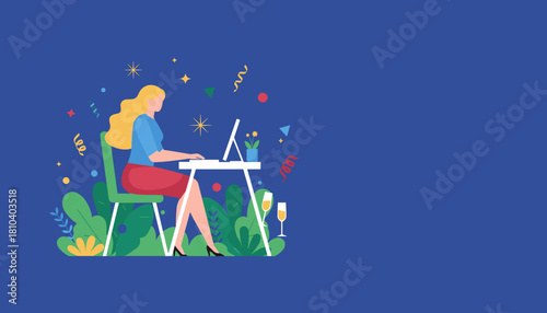 Woman working on laptop surrounded by plants and festive decorations Worklife balance illustration