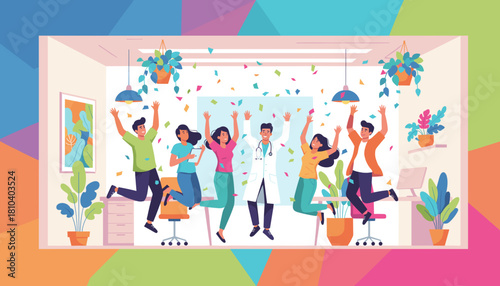 Happy diverse professional team celebrates success jumping amidst confetti in a modern office