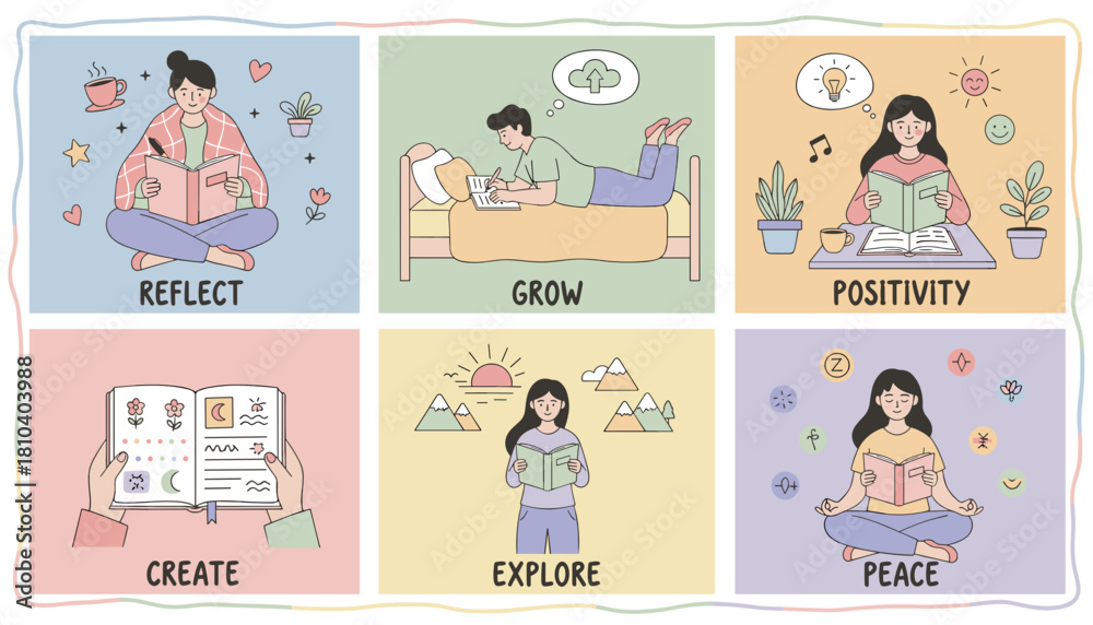 Fototapeta premium Cute illustration showing selfimprovement concepts reflect grow positivity create explore and peace