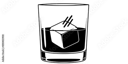 Old Fashioned Glass Large Ice Cube Flat Vector Illustration