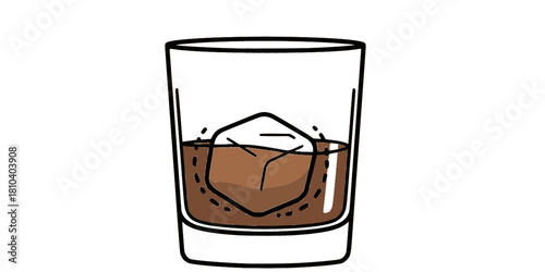 Old Fashioned Glass Large Ice Cube Flat Vector Illustration