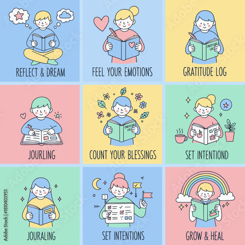 Selfcare habits illustration set journaling reflection gratitude log and setting goals for wellness