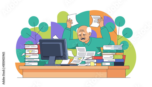 Overwhelmed senior employee struggling with work stress piles of documents and bureaucracy