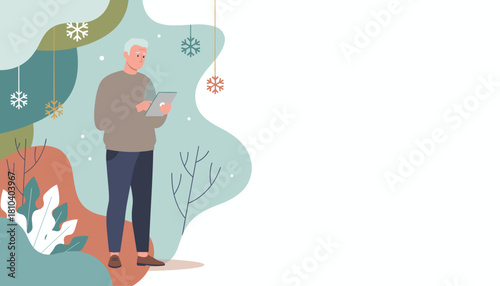 Older man using a tablet in a cozy stylized winter scene with snowflakes and copy space