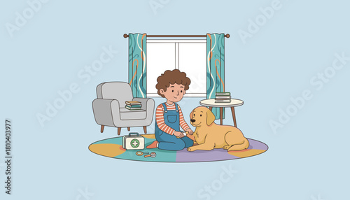 Boy applying first aid to his dogs injured paw at home Pet health care and friendship illustration
