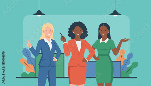 Diverse team of confident businesswomen showing success and collaboration in a professional office environment