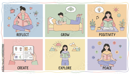 Cute illustration showing selfimprovement concepts reflect grow positivity create explore and peace