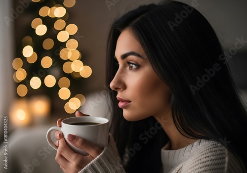 Woman holding a warm drink with bokeh christmas lights in the background