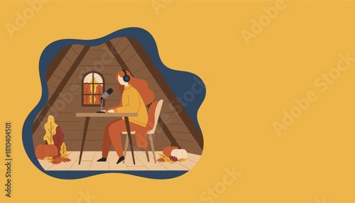 Cozy autumn podcasting scene woman broadcasting from an attic studio