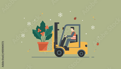 Holiday logistics Worker transports a festive potted plant with a forklift in a winter scene
