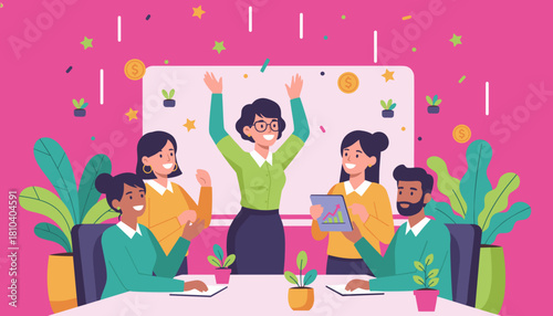 Business team celebrating victory and achievement in a vibrant office meeting