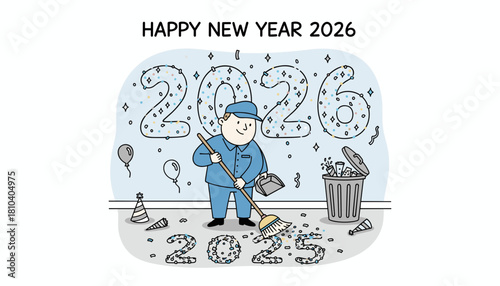Janitor sweeping away 2025 party mess welcoming the clean start of Happy New Year 2026