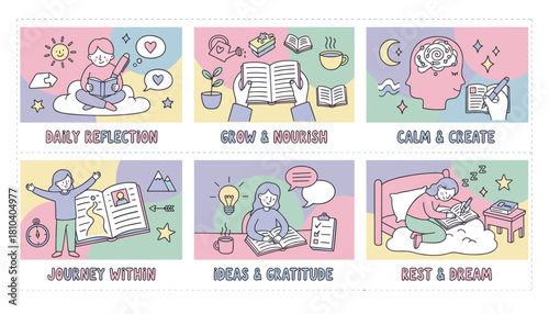 Set of 6 cute illustrations showing a personal journaling routine for mental health reflection and growth