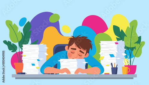 Burnout Tired man asleep on his desk overwhelmed by mountains of files and office work