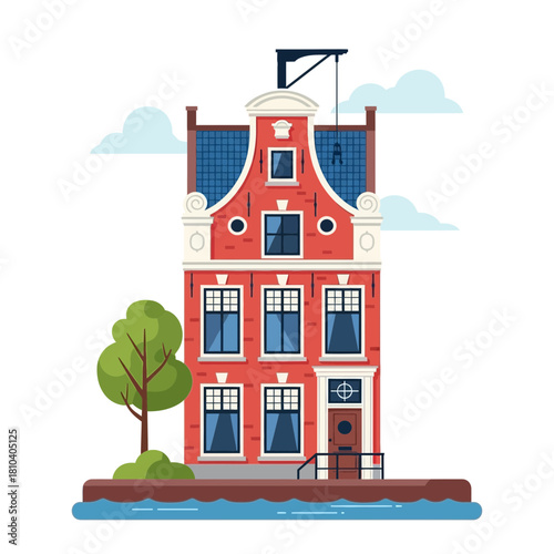 Charming Amsterdam Canal House Illustration with Distinctive Architecture