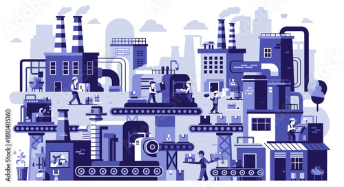 Industrial factory production workflow illustration with workers managing logistics and output