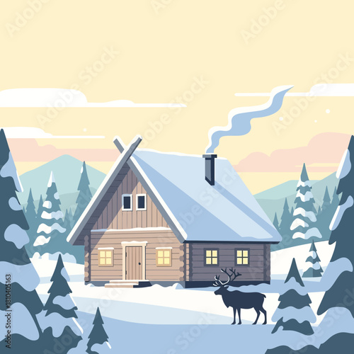 Winter cabin retreat, a rustic hideaway in snowy mountain landscape, serene scene