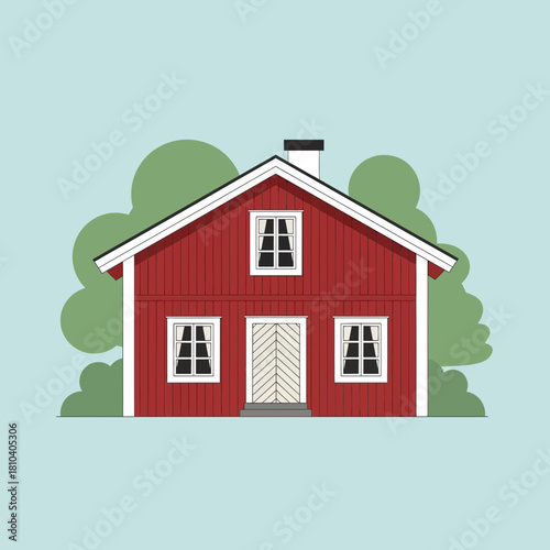 Charming Red Wooden House Illustration with Green Trees and Blue Sky