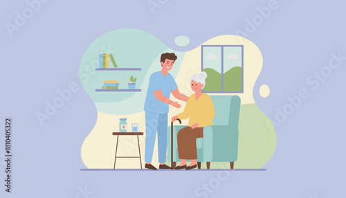 Home caregiver assisting senior woman sitting in an armchair Elder care and medical support illustration
