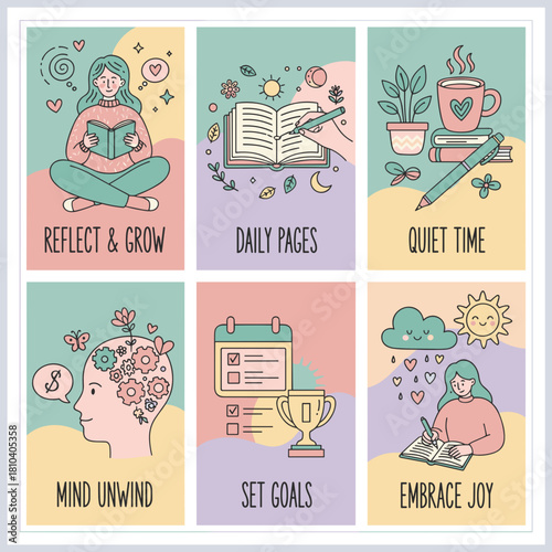 Selfcare and personal growth illustrations for journaling goal setting relaxation and mental wellness