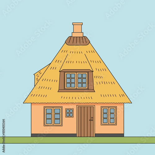 Charming Thatched Cottage Illustration with Unique Architectural Style