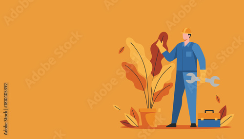 Illustration of a maintenance worker in blue uniform holding a wrench and toolbox