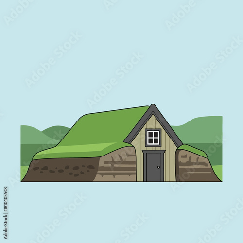 Cozy turf house illustration nestled in a green hillside landscape