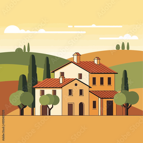Flat vector illustration of a charming Tuscan villa amidst rolling hills scenery