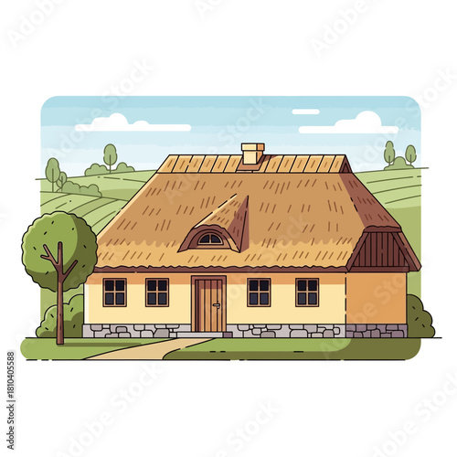 Idyllic thatched cottage scene in a rural setting with rolling hills