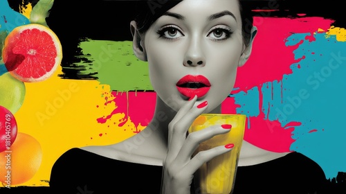 Vibrant Pop Art Portrait with Citrus and Bold Lip Color in Modern Design