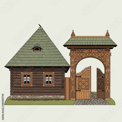 Stylized Illustration of a Traditional Wooden House with Carved Gate Entrance