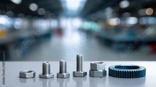 Assorted Industrial Bolts and Nuts on Table in Modern Manufacturing Environment