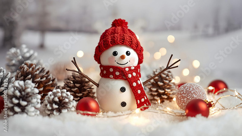 A cute snowman figurine with a bright red knit hat and matching polka-dot scarf