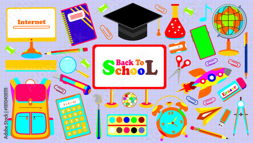 School themed set elements. School stationery stickers. Set of education icons. Collection of education school icons. Back to school clipart. Student supplies colorful icons set for banner.