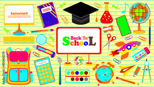 School themed set elements. School stationery stickers. Set of education icons. Collection of education school icons. Back to school clipart. Student supplies colorful icons set for banner.