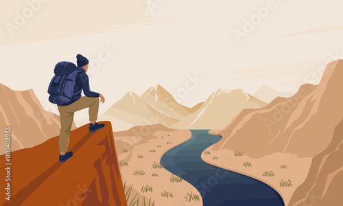 A lone hiker stands on a ledge, contemplating a scenic view of majestic mountains and a winding river, embodying adventure and the beauty of nature's landscapes.
