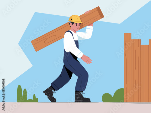 A construction worker is shown carrying a wooden beam while wearing a safety helmet, emphasizing the importance of safety in the construction industry.