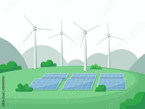 This illustration presents a serene landscape featuring solar panels and wind turbines, championing renewable energy and environmental sustainability in modern living.