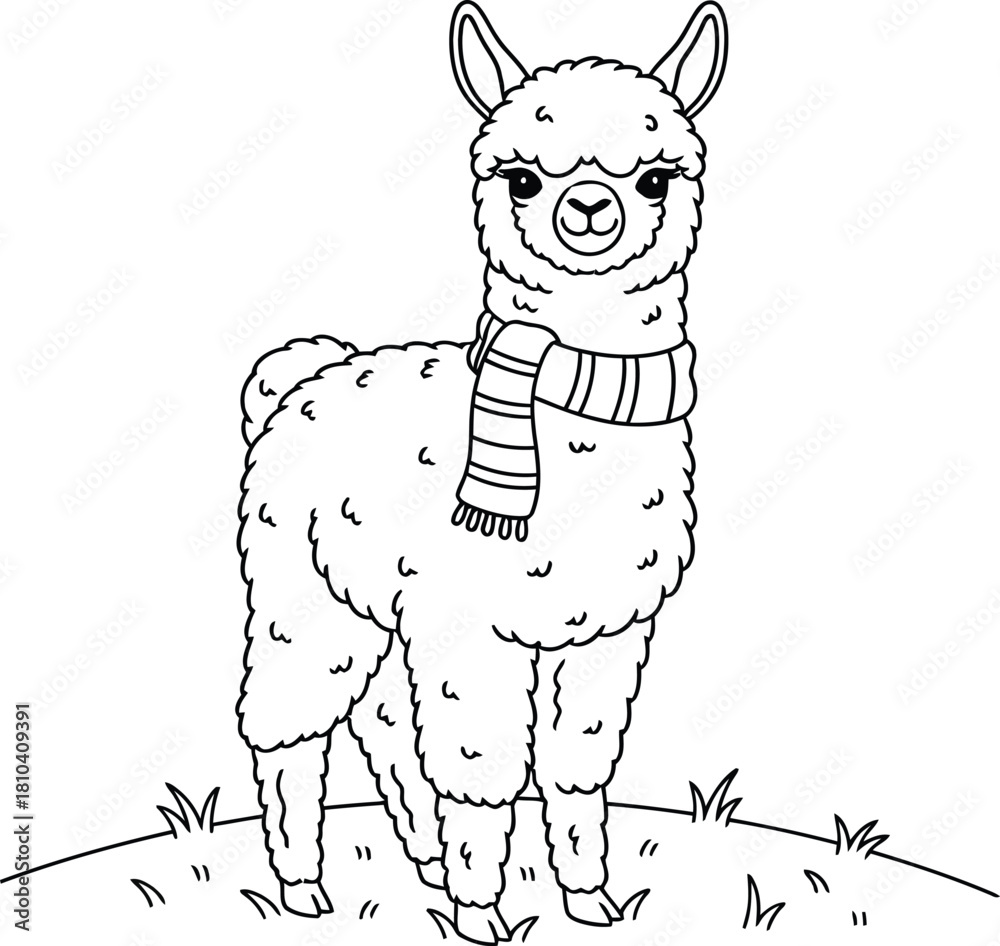 Naklejka premium Cute Llama Wearing A Striped Scarf In Black And White alpaca animal