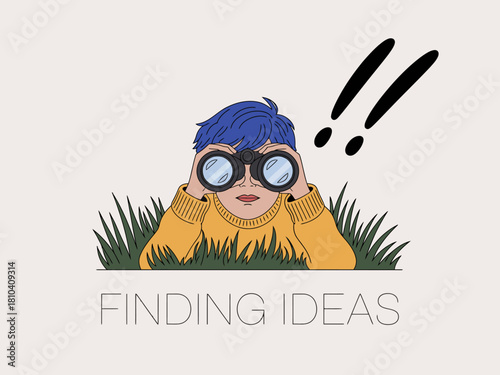 An illustration of a child with blue hair using binoculars to find ideas, symbolizing curiosity, exploration, and the journey of creativity in a whimsical, playful style.