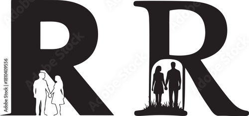Silhouette of couples inside letter R on white background alphabet