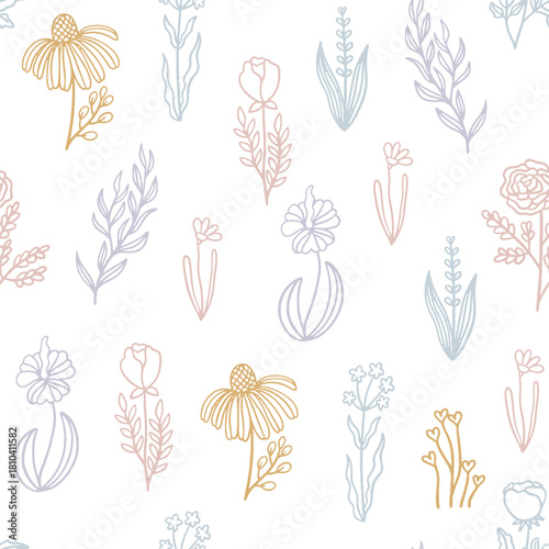 Happy Easter banner, poster, and greeting card. This card features bunnies, flowers, eggs, and bunny ears in pastel colors. Modern, minimalist style.	