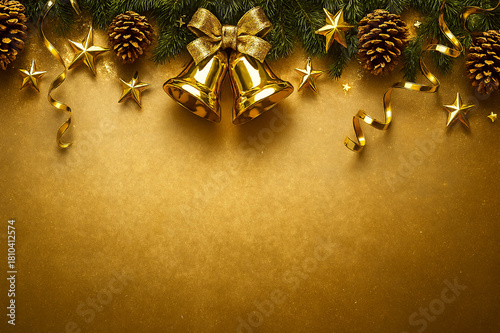 Luxurious Christmas Celebration Banner with Golden Bells and Festive Decorations, 4K Wide Background